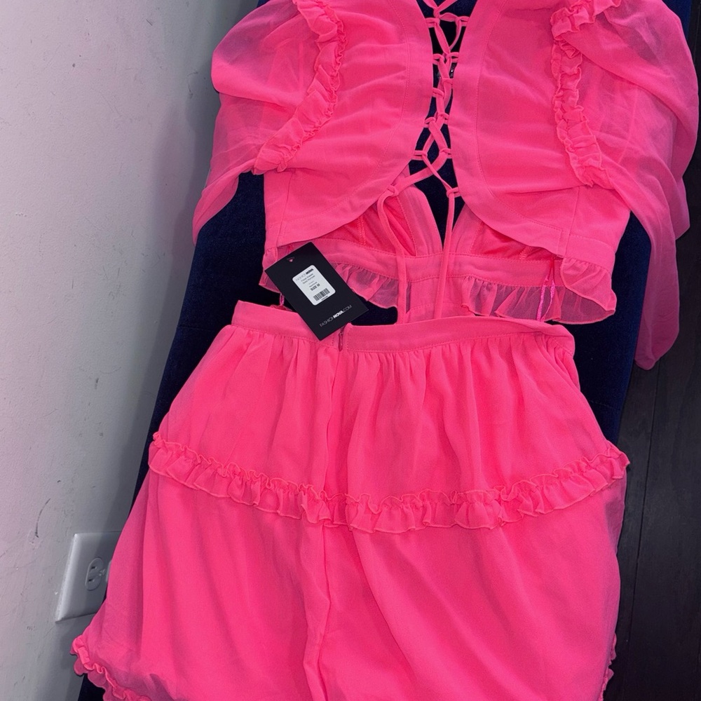Sexy Hot Pink Sheer Ruffle Romper- NWT Sz Medium